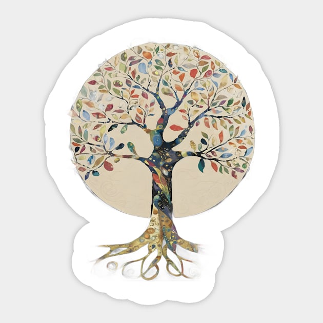 Stylized Tree with a Circular Canopy  Filled with Multicolored Leaves Sticker by animegirlnft